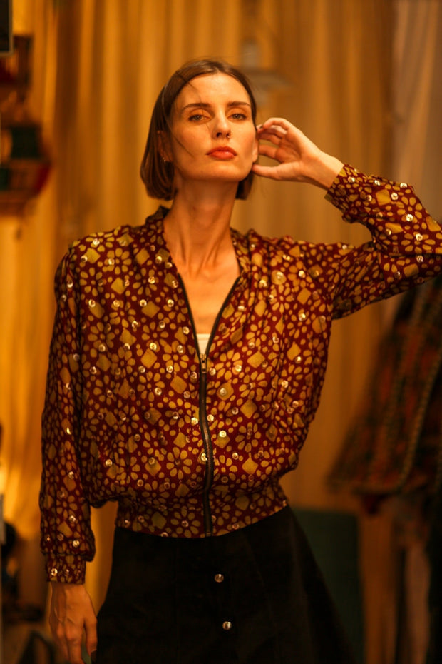 TOBIAS SILK EMBROIDERED BOMBER JACKET - sustainably made MOMO NEW YORK sustainable clothing, bomber slow fashion