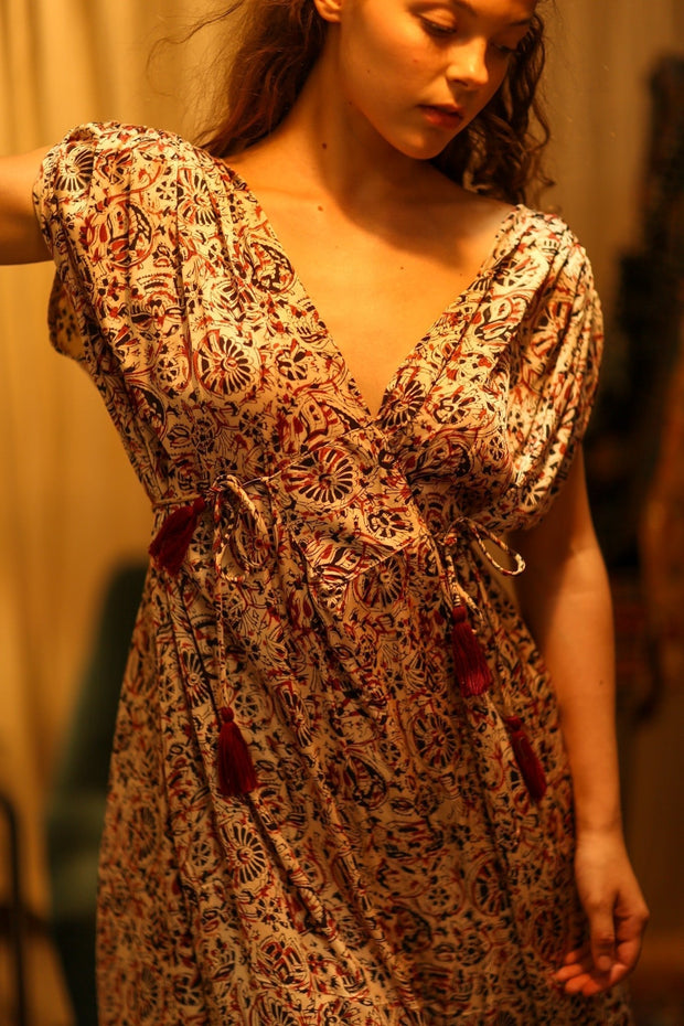 VICTORIA DRESS SILK CIRCUS RED - sustainably made MOMO NEW YORK sustainable clothing, Boho Chic Dress slow fashion