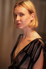 VICTORIA SILK DRESS BLACK FEATHER - sustainably made MOMO NEW YORK sustainable clothing, Boho Chic Dress slow fashion