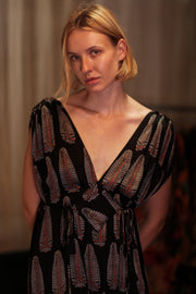 VICTORIA SILK DRESS BLACK FEATHER - sustainably made MOMO NEW YORK sustainable clothing, Boho Chic Dress slow fashion
