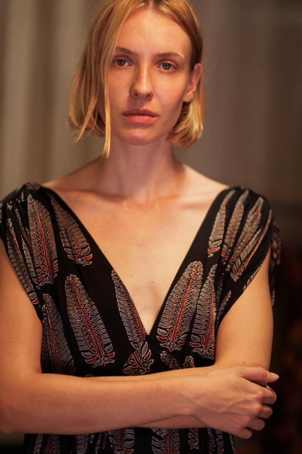 VICTORIA SILK DRESS BLACK FEATHER - sustainably made MOMO NEW YORK sustainable clothing, Boho Chic Dress slow fashion