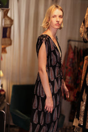 VICTORIA SILK DRESS BLACK FEATHER - sustainably made MOMO NEW YORK sustainable clothing, Boho Chic Dress slow fashion