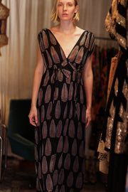 VICTORIA SILK DRESS BLACK FEATHER - sustainably made MOMO NEW YORK sustainable clothing, Boho Chic Dress slow fashion