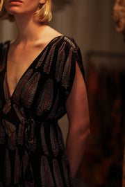 VICTORIA SILK DRESS BLACK FEATHER - sustainably made MOMO NEW YORK sustainable clothing, Boho Chic Dress slow fashion