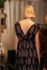 VICTORIA SILK DRESS BLACK FEATHER - sustainably made MOMO NEW YORK sustainable clothing, Boho Chic Dress slow fashion
