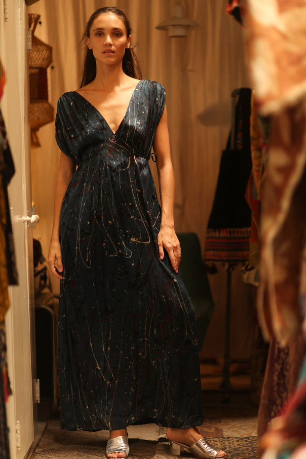 VICTORIA SILK DRESS BLUE POLLOCK - sustainably made MOMO NEW YORK sustainable clothing, dresskaftan slow fashion
