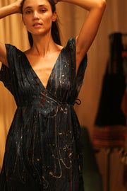 VICTORIA SILK DRESS BLUE POLLOCK - sustainably made MOMO NEW YORK sustainable clothing, dresskaftan slow fashion