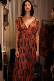 VICTORIA SILK DRESS BROWN FEATHER - sustainably made MOMO NEW YORK sustainable clothing, Boho Chic Dress slow fashion