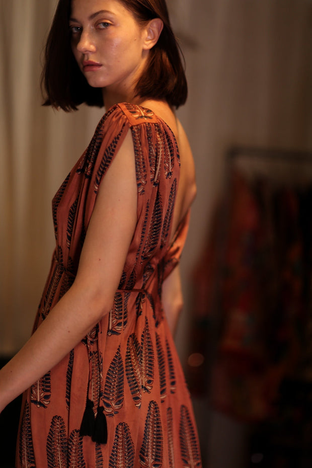 VICTORIA SILK DRESS BROWN FEATHER - sustainably made MOMO NEW YORK sustainable clothing, Boho Chic Dress slow fashion
