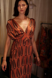 VICTORIA SILK DRESS BROWN FEATHER - sustainably made MOMO NEW YORK sustainable clothing, Boho Chic Dress slow fashion