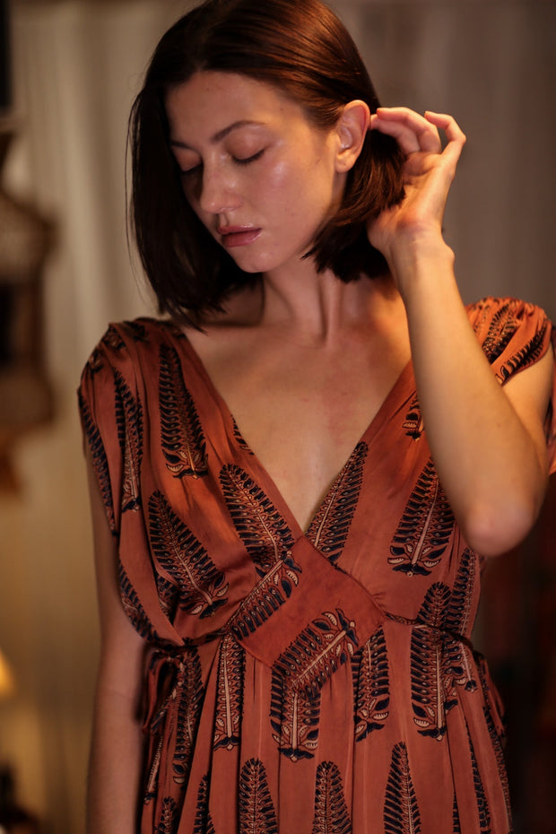 VICTORIA SILK DRESS BROWN FEATHER - sustainably made MOMO NEW YORK sustainable clothing, Boho Chic Dress slow fashion