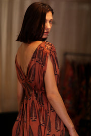 VICTORIA SILK DRESS BROWN FEATHER - sustainably made MOMO NEW YORK sustainable clothing, Boho Chic Dress slow fashion
