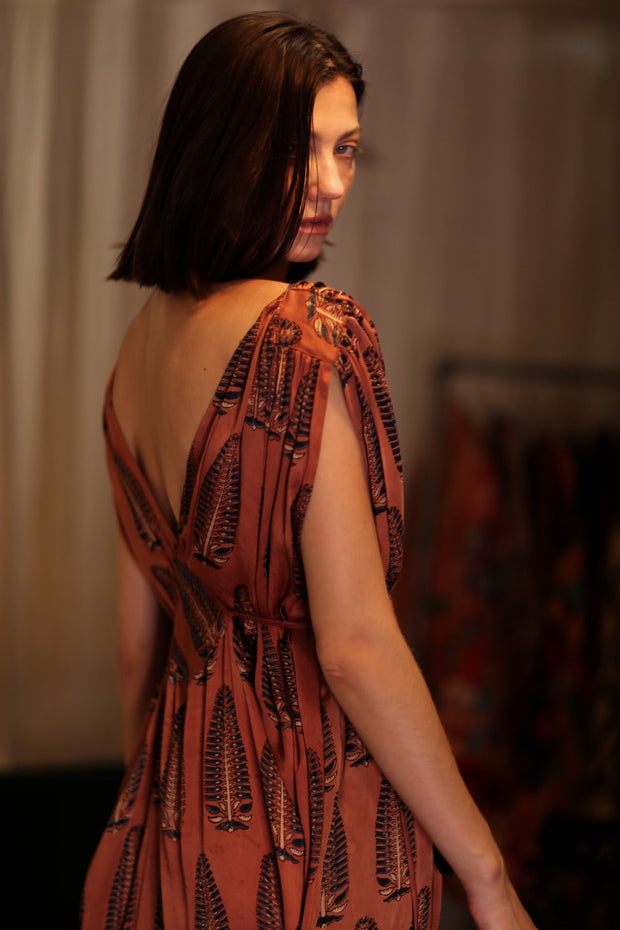 VICTORIA SILK DRESS BROWN FEATHER - sustainably made MOMO NEW YORK sustainable clothing, Boho Chic Dress slow fashion