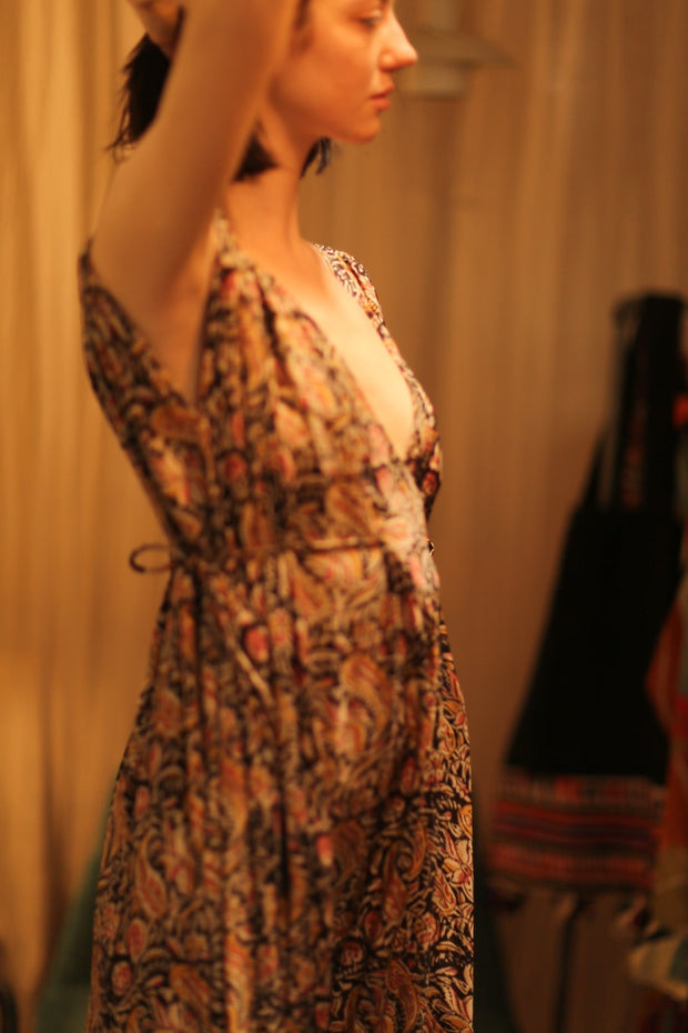 VICTORIA SILK DRESS CARNIVORE BLACK - sustainably made MOMO NEW YORK sustainable clothing, Boho Chic Dress slow fashion