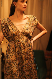 VICTORIA SILK DRESS CARNIVORE COFFEE - sustainably made MOMO NEW YORK sustainable clothing, Boho Chic Dress slow fashion