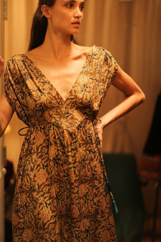 VICTORIA SILK DRESS CARNIVORE COFFEE - sustainably made MOMO NEW YORK sustainable clothing, Boho Chic Dress slow fashion