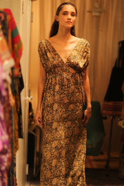 VICTORIA SILK DRESS CARNIVORE COFFEE - sustainably made MOMO NEW YORK sustainable clothing, Boho Chic Dress slow fashion