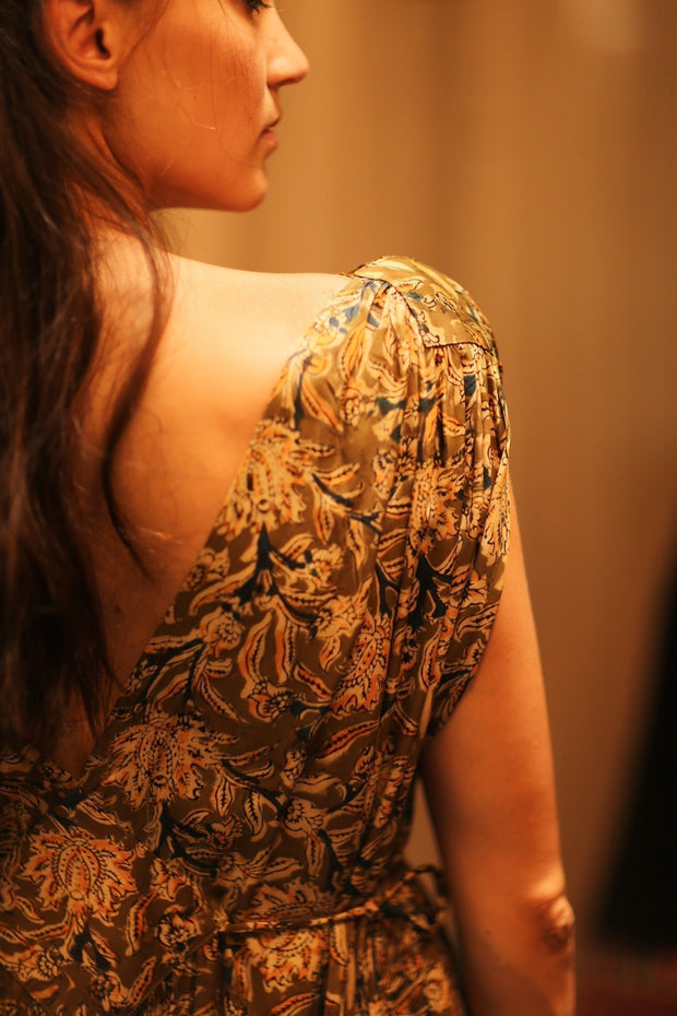 VICTORIA SILK DRESS CARNIVORE COFFEE - sustainably made MOMO NEW YORK sustainable clothing, Boho Chic Dress slow fashion