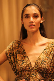 VICTORIA SILK DRESS CARNIVORE COFFEE - sustainably made MOMO NEW YORK sustainable clothing, Boho Chic Dress slow fashion