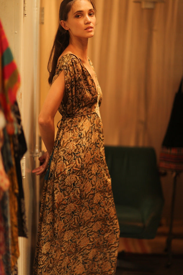 VICTORIA SILK DRESS CARNIVORE COFFEE - sustainably made MOMO NEW YORK sustainable clothing, Boho Chic Dress slow fashion