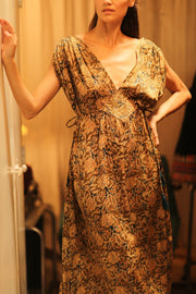 VICTORIA SILK DRESS CARNIVORE COFFEE - sustainably made MOMO NEW YORK sustainable clothing, Boho Chic Dress slow fashion