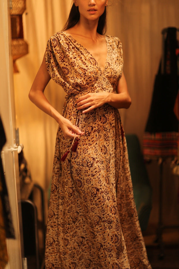 VICTORIA SILK DRESS CIRCUS BEIGE - sustainably made MOMO NEW YORK sustainable clothing, Boho Chic Dress slow fashion