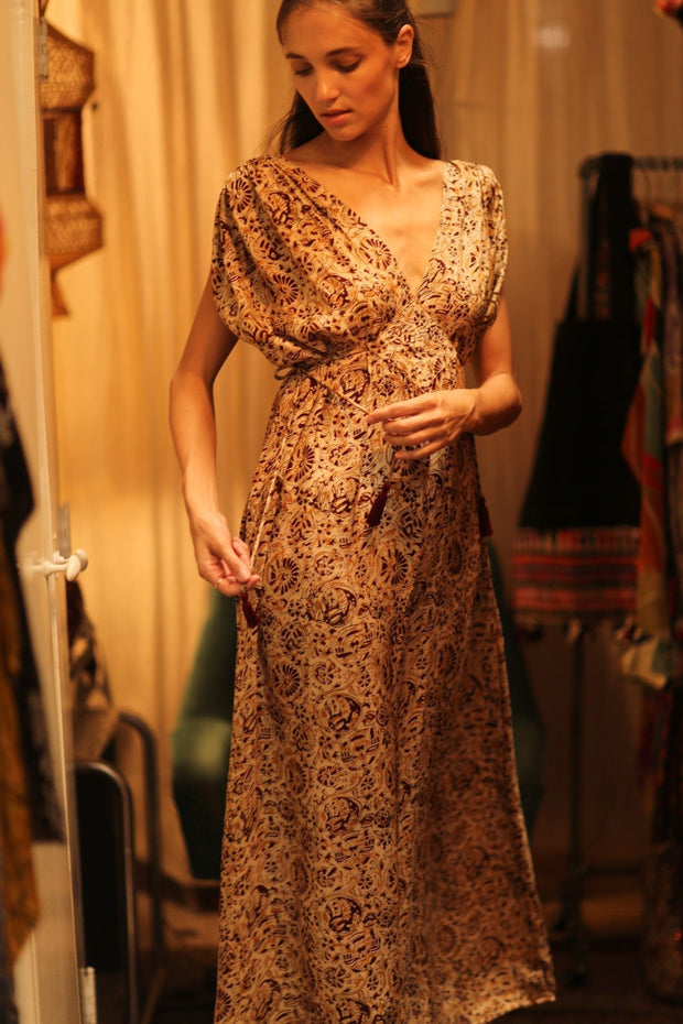 VICTORIA SILK DRESS CIRCUS BEIGE - sustainably made MOMO NEW YORK sustainable clothing, Boho Chic Dress slow fashion