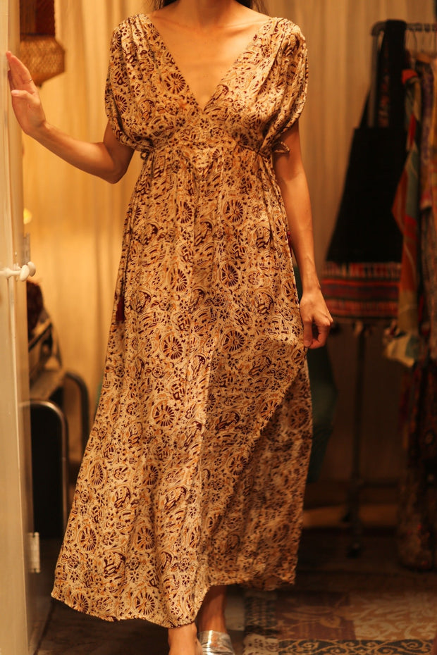 VICTORIA SILK DRESS CIRCUS BEIGE - sustainably made MOMO NEW YORK sustainable clothing, Boho Chic Dress slow fashion