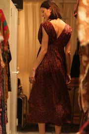 VICTORIA SILK DRESS FLORAL DECO BURGUNDY - sustainably made MOMO NEW YORK sustainable clothing, Boho Chic Dress slow fashion