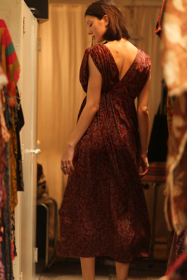 VICTORIA SILK DRESS FLORAL DECO BURGUNDY - sustainably made MOMO NEW YORK sustainable clothing, Boho Chic Dress slow fashion