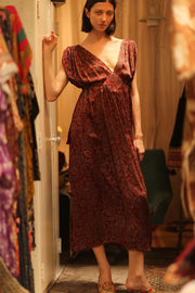 VICTORIA SILK DRESS FLORAL DECO BURGUNDY - sustainably made MOMO NEW YORK sustainable clothing, Boho Chic Dress slow fashion