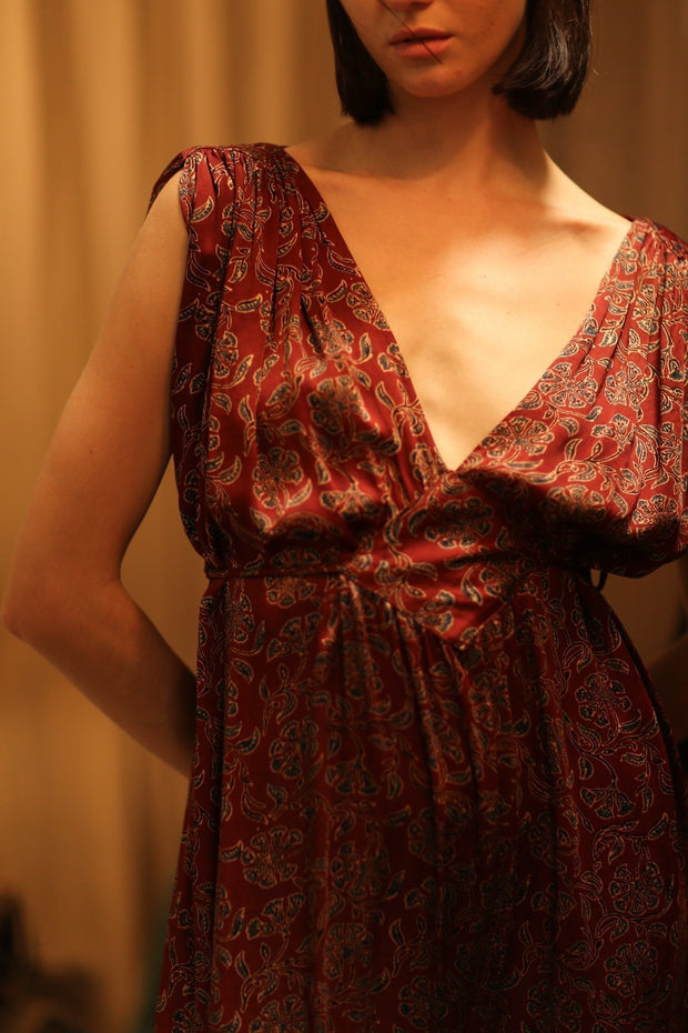 VICTORIA SILK DRESS FLORAL DECO BURGUNDY - sustainably made MOMO NEW YORK sustainable clothing, Boho Chic Dress slow fashion