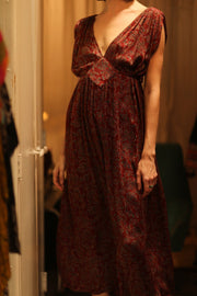 VICTORIA SILK DRESS FLORAL DECO BURGUNDY - sustainably made MOMO NEW YORK sustainable clothing, Boho Chic Dress slow fashion
