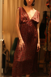 VICTORIA SILK DRESS FLORAL DECO BURGUNDY - sustainably made MOMO NEW YORK sustainable clothing, Boho Chic Dress slow fashion