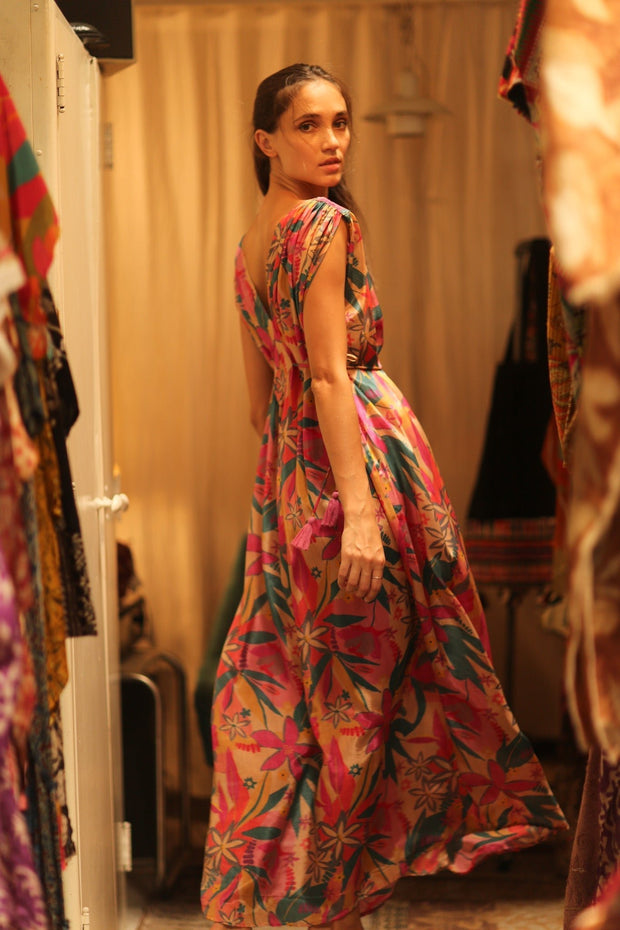 VICTORIA SILK DRESS FLOWER BOMB - sustainably made MOMO NEW YORK sustainable clothing, Boho Chic Dress slow fashion