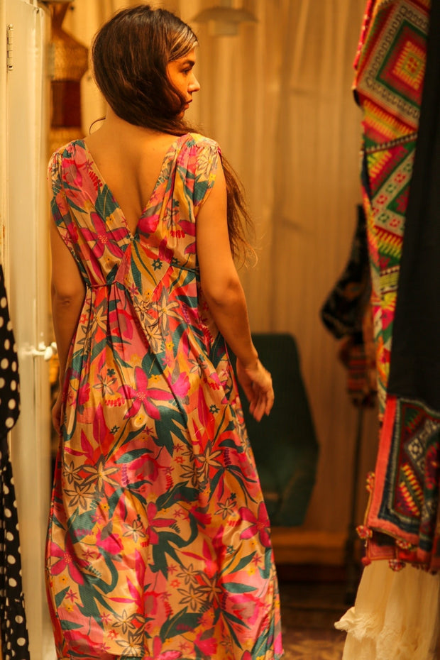 VICTORIA SILK DRESS FLOWER BOMB - sustainably made MOMO NEW YORK sustainable clothing, Boho Chic Dress slow fashion