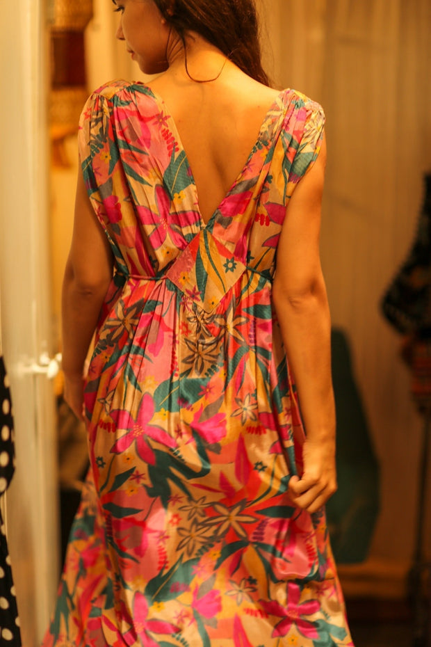 VICTORIA SILK DRESS FLOWER BOMB - sustainably made MOMO NEW YORK sustainable clothing, Boho Chic Dress slow fashion