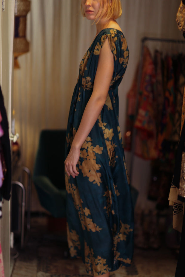 VICTORIA SILK DRESS GOLDEN BOUQUET - sustainably made MOMO NEW YORK sustainable clothing, Boho Chic Dress slow fashion