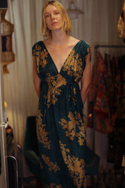 VICTORIA SILK DRESS GOLDEN BOUQUET - sustainably made MOMO NEW YORK sustainable clothing, Boho Chic Dress slow fashion