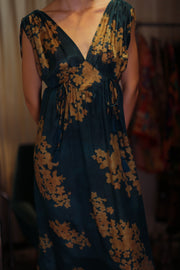 VICTORIA SILK DRESS GOLDEN BOUQUET - sustainably made MOMO NEW YORK sustainable clothing, Boho Chic Dress slow fashion
