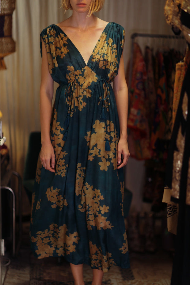 VICTORIA SILK DRESS GOLDEN BOUQUET - sustainably made MOMO NEW YORK sustainable clothing, Boho Chic Dress slow fashion