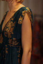 VICTORIA SILK DRESS GOLDEN BOUQUET - sustainably made MOMO NEW YORK sustainable clothing, Boho Chic Dress slow fashion