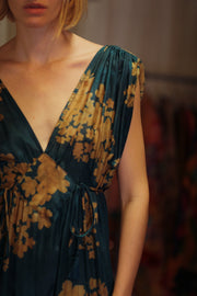 VICTORIA SILK DRESS GOLDEN BOUQUET - sustainably made MOMO NEW YORK sustainable clothing, Boho Chic Dress slow fashion