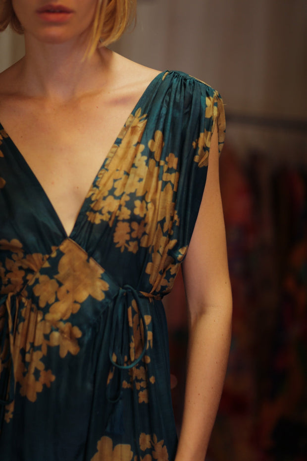 VICTORIA SILK DRESS GOLDEN BOUQUET - sustainably made MOMO NEW YORK sustainable clothing, Boho Chic Dress slow fashion