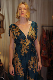 VICTORIA SILK DRESS GOLDEN BOUQUET - sustainably made MOMO NEW YORK sustainable clothing, Boho Chic Dress slow fashion
