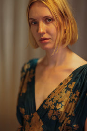 VICTORIA SILK DRESS GOLDEN BOUQUET - sustainably made MOMO NEW YORK sustainable clothing, Boho Chic Dress slow fashion