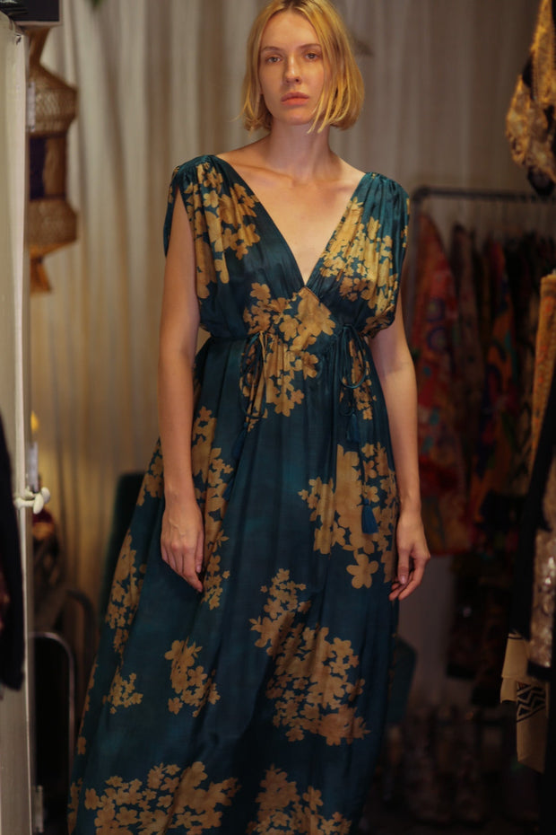 VICTORIA SILK DRESS GOLDEN BOUQUET - sustainably made MOMO NEW YORK sustainable clothing, Boho Chic Dress slow fashion