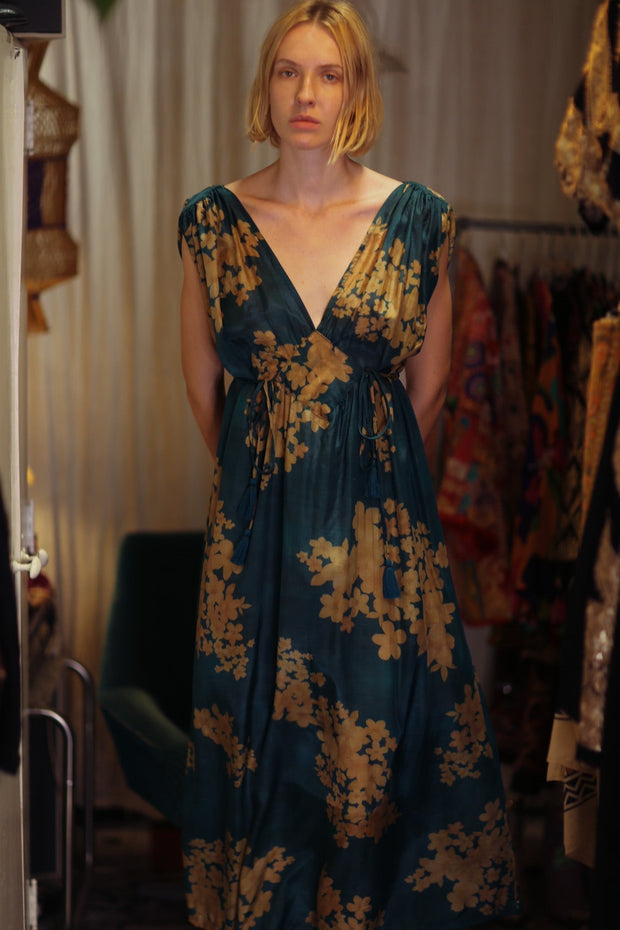 VICTORIA SILK DRESS GOLDEN BOUQUET - sustainably made MOMO NEW YORK sustainable clothing, Boho Chic Dress slow fashion