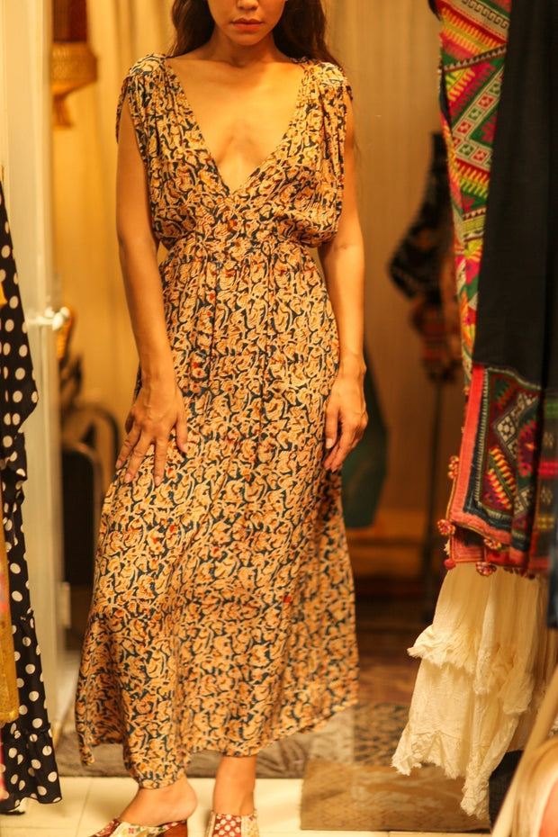 VICTORIA SILK DRESS LEAFY BLUE - sustainably made MOMO NEW YORK sustainable clothing, Boho Chic Dress slow fashion