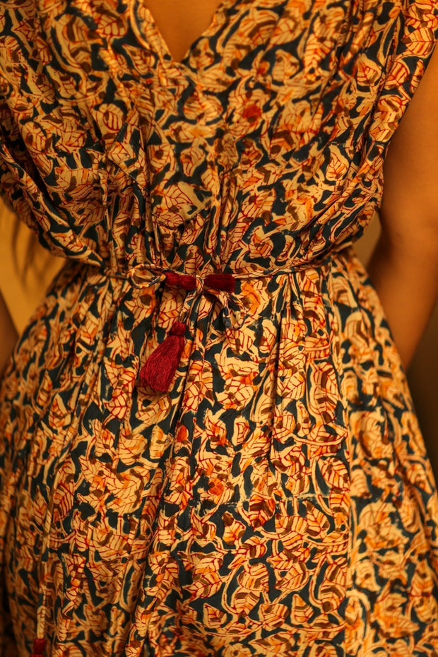 VICTORIA SILK DRESS LEAFY BLUE - sustainably made MOMO NEW YORK sustainable clothing, Boho Chic Dress slow fashion